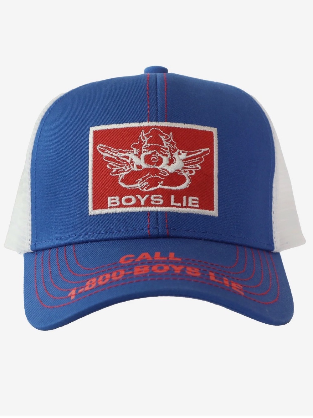 Boys Lie Royal Blue Trucker Hat with Red Patch and White Mesh